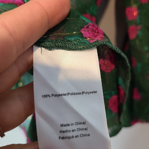 Modcloth Green Sheer Cottage Rose Floral Blouse Womens Size 2X Holiday Gold - Picture 5 of 7